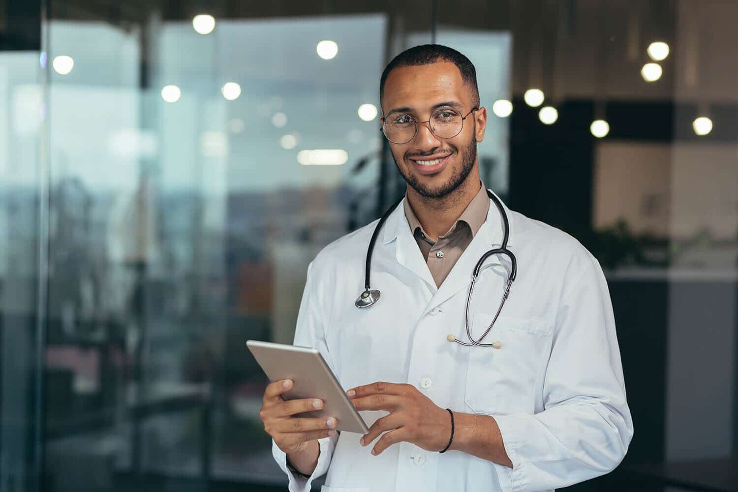 Doctor using microscope in lab